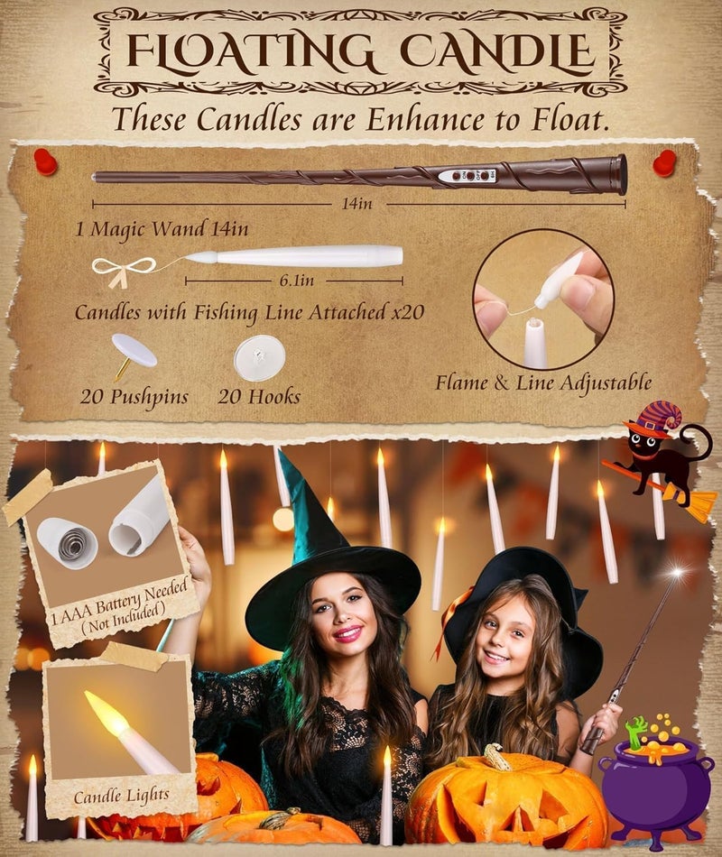 Palmatte Halloween Decorations Floating Candles with Wand: 20Pcs Flameless Floating Candles with LED Warm Lights Battery Operated Magic Candle for Birthday Gifts Halloween Party Decorations Indoor Home Decor - Image 2